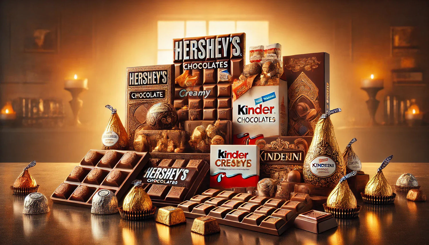 Eine elegante Auswahl an Schokoladenspezialitäten mit Hershey's Schokoriegeln, Kinder Creamy and Crunchy Leckereien und luxuriöser Dubai-Schokolade, stilvoll arrangiert auf einer polierten Oberfläche.