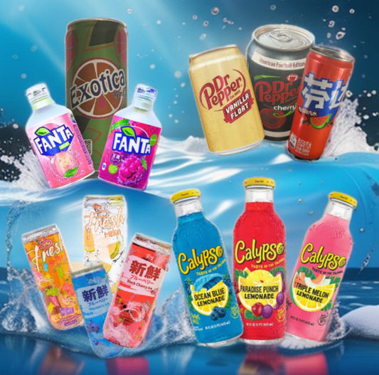 Naschzauber Getränke-Bundle mit Fanta Grape, Fanta White Peach, Calypso Triple Melon, Dr. Pepper Cherry, Fresh Energy und weiteren erfrischenden Softdrinks.