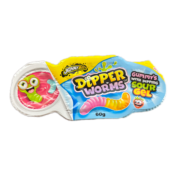 JOHNY BEE Dipper Worms Blau – Fruchtgummi-Würmer mit Dip-Pulver