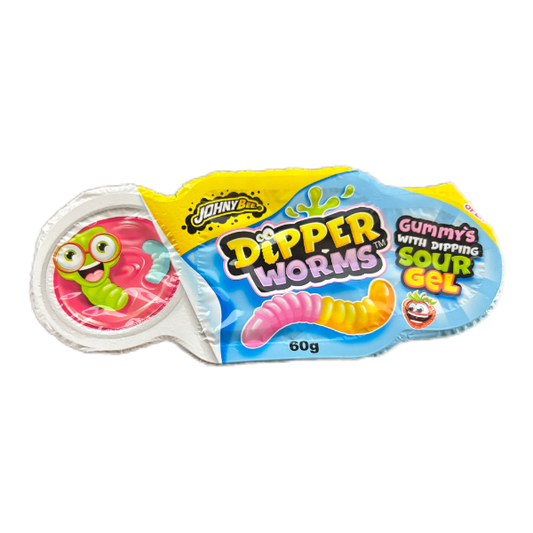 JOHNY BEE Dipper Worms Blau – Fruchtgummi-Würmer mit Dip-Pulver