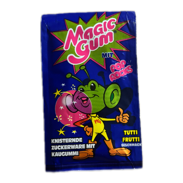 Magic Gum Kaugummi 7g, farbenfrohe Verpackung mit Tuttifrutti-Geschmack und fruchtigen Motiven auf weißem Hintergrund