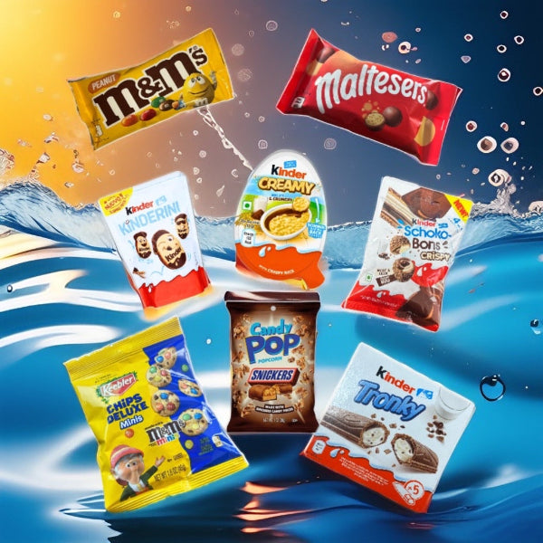 Naschzauber Schoko-Bundle mit Kinder Tronky, Kinderini, Candy Pop Popcorn Snickers, Kinderschokolade Creme, M&M Mini Cookies, M&M Erdnuss, Maltesers und Schoko Bons Crispy.